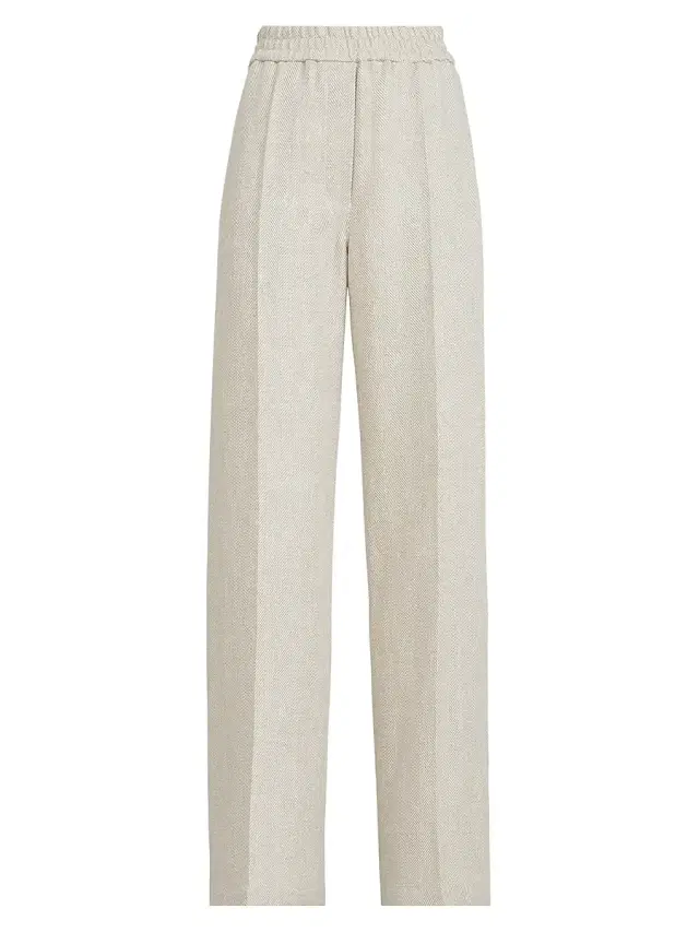 Brunello Cucinelli Women's Linen and Cotton Chevron Loose Track Trousers - Beige