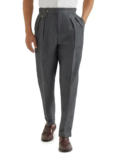 Brunello Cucinelli Men's Lightweight Délavé Linen Trousers with Reversed Double Pleats - Anthracite - Size 46 | Thumbnail 2
