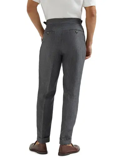 Brunello Cucinelli Men's Lightweight Délavé Linen Trousers with Reversed Double Pleats - Anthracite - Size 46 | Thumbnail 3