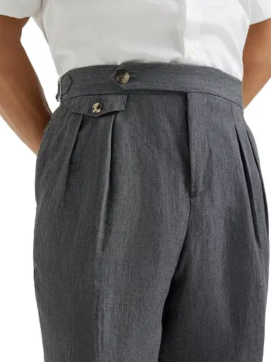Brunello Cucinelli Men's Lightweight Délavé Linen Trousers with Reversed Double Pleats - Anthracite - Size 46 | Thumbnail 4