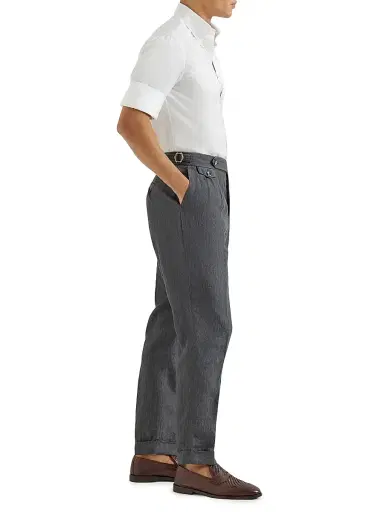 Brunello Cucinelli Men's Lightweight Délavé Linen Trousers with Reversed Double Pleats - Anthracite - Size 46 | Thumbnail 5