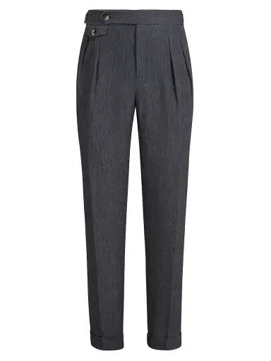 Brunello Cucinelli Men's Lightweight Délavé Linen Trousers with Reversed Double Pleats - Anthracite - Size 46 | Thumbnail 1