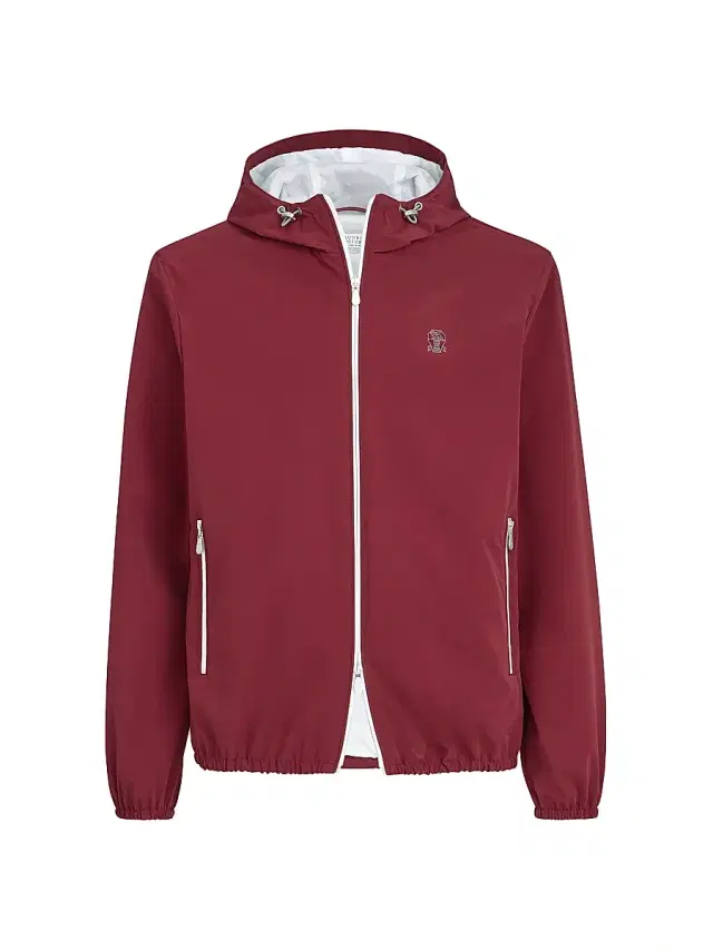 Men's Bonded Nylon Hooded Outerwear Jacket with Logo - Cherry