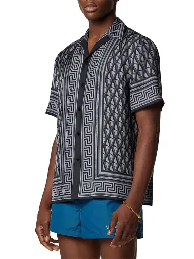 Versace Men's V Greca Silk Twill Shirt - Dark Anthracite Tonal | Thumbnail 2 Versace Men's V Greca Silk Twill Shirt - Dark Anthracite Tonal | Thumbnail 2