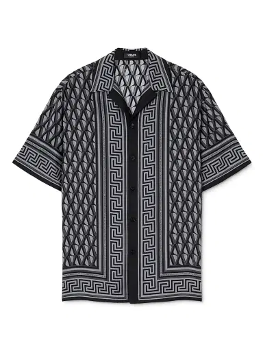Versace Men's V Greca Silk Twill Shirt - Dark Anthracite Tonal | Thumbnail 1 Versace Men's V Greca Silk Twill Shirt - Dark Anthracite Tonal | Thumbnail 1