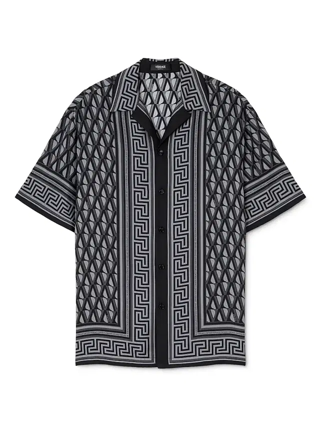 Men's V Greca Silk Twill Shirt - Dark Anthracite Tonal