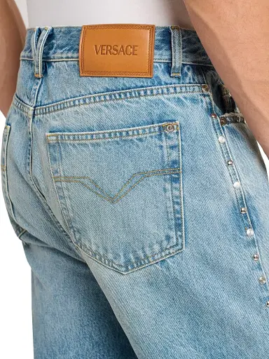 Versace Men's Studded Tapered-Leg Jeans - Light Blue | Thumbnail 6 Versace Men's Studded Tapered-Leg Jeans - Light Blue | Thumbnail 6