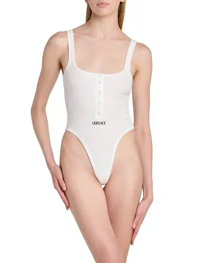 Versace Women's Logo-Embroidered Ribbed Tank Bodysuit - Optical White | Thumbnail 3 Versace Women's Logo-Embroidered Ribbed Tank Bodysuit - Optical White | Thumbnail 3