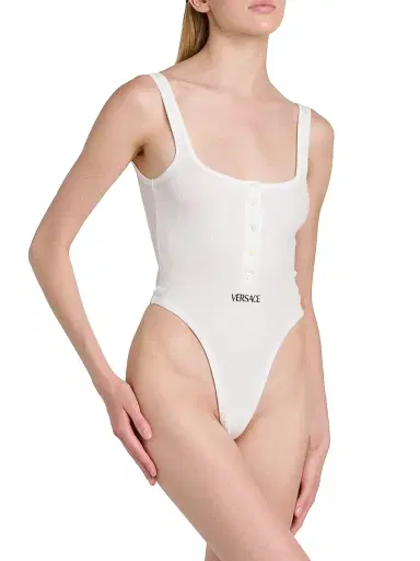 Versace Women's Logo-Embroidered Ribbed Tank Bodysuit - Optical White | Thumbnail 4 Versace Women's Logo-Embroidered Ribbed Tank Bodysuit - Optical White | Thumbnail 4