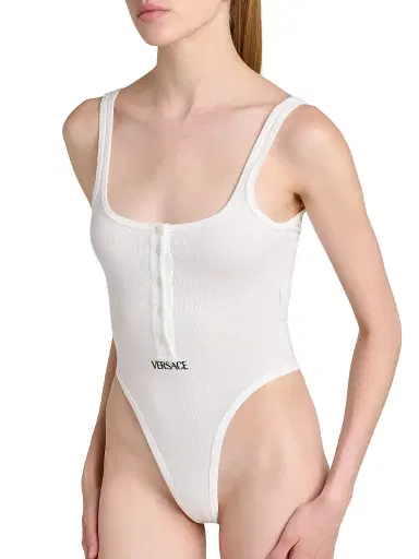 Versace Women's Logo-Embroidered Ribbed Tank Bodysuit - Optical White | Thumbnail 6 Versace Women's Logo-Embroidered Ribbed Tank Bodysuit - Optical White | Thumbnail 6