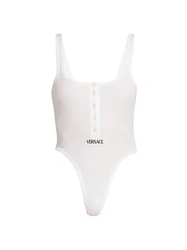 Versace Women's Logo-Embroidered Ribbed Tank Bodysuit - Optical White | Thumbnail 1 Versace Women's Logo-Embroidered Ribbed Tank Bodysuit - Optical White | Thumbnail 1