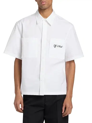 Off-White Men's Script Summer Poplin Button-Front Shirt - White Black - Size 42 | Thumbnail 3