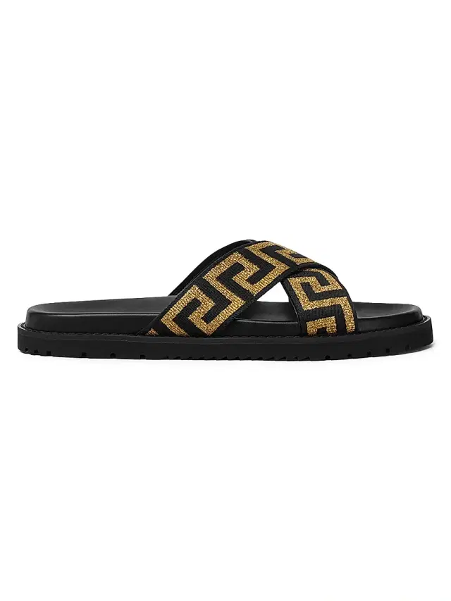 Men's La Greca Jacquard Slide Sandals - Black Gold