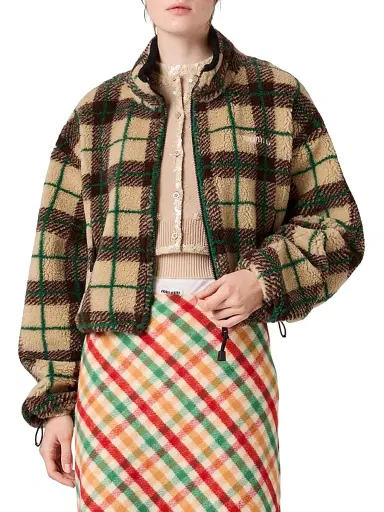 Miu Miu Women's Checked Teddy Jacket with Zipper | Thumbnail 2 Miu Miu Women's Checked Teddy Jacket with Zipper | Thumbnail 2
