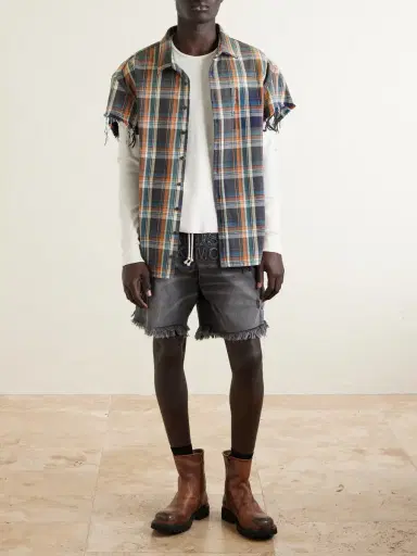Satoshi Nakamoto Layered Frayed Checked Cotton-Flannel and Waffle-Knit Shirt - Men | Thumbnail 2 Satoshi Nakamoto Layered Frayed Checked Cotton-Flannel and Waffle-Knit Shirt - Men | Thumbnail 2