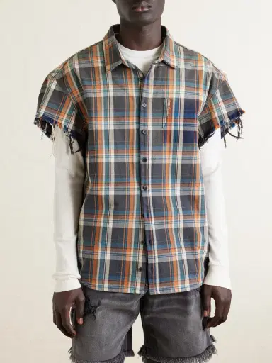 Satoshi Nakamoto Layered Frayed Checked Cotton-Flannel and Waffle-Knit Shirt - Men | Thumbnail 3 Satoshi Nakamoto Layered Frayed Checked Cotton-Flannel and Waffle-Knit Shirt - Men | Thumbnail 3