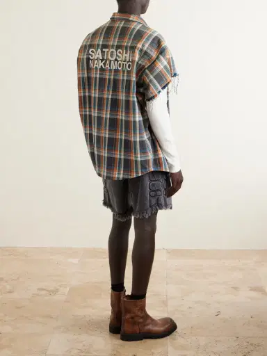 Satoshi Nakamoto Layered Frayed Checked Cotton-Flannel and Waffle-Knit Shirt - Men | Thumbnail 4 Satoshi Nakamoto Layered Frayed Checked Cotton-Flannel and Waffle-Knit Shirt - Men | Thumbnail 4