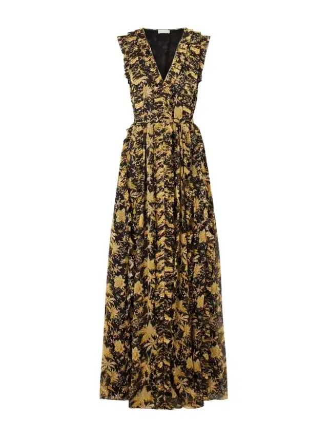 Aida Pleated Ruffled Floral-print Metallic Silk-chiffon Gown