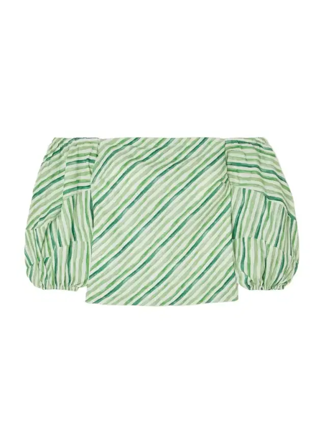 Off-the-shoulder Striped Tencel™ Lyocell And Linen-blend Blouse