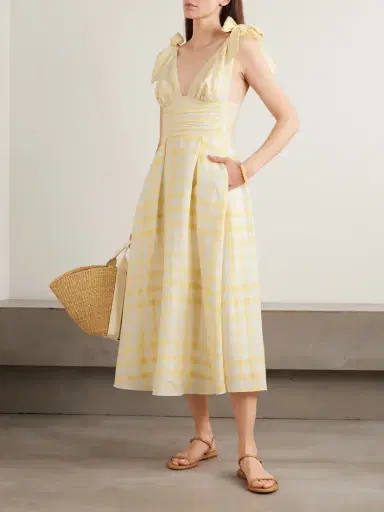 Rosie Assoulin Bow-detailed Checked Lyocell And Linen-blend Midi Dress | Thumbnail 2 Rosie Assoulin Bow-detailed Checked Lyocell And Linen-blend Midi Dress | Thumbnail 2