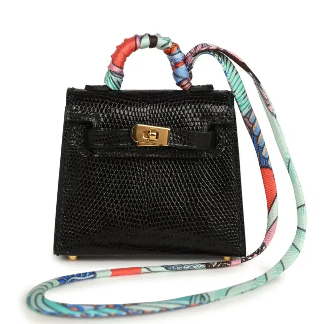 hermes Hermes Mini Kelly Twilly Bag Charm Black Shiny Niloticus Lizard Gold Hardware