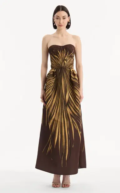 Oscar de la Renta Palm-Printed Faille Maxi Cocktail Dress | Thumbnail 3