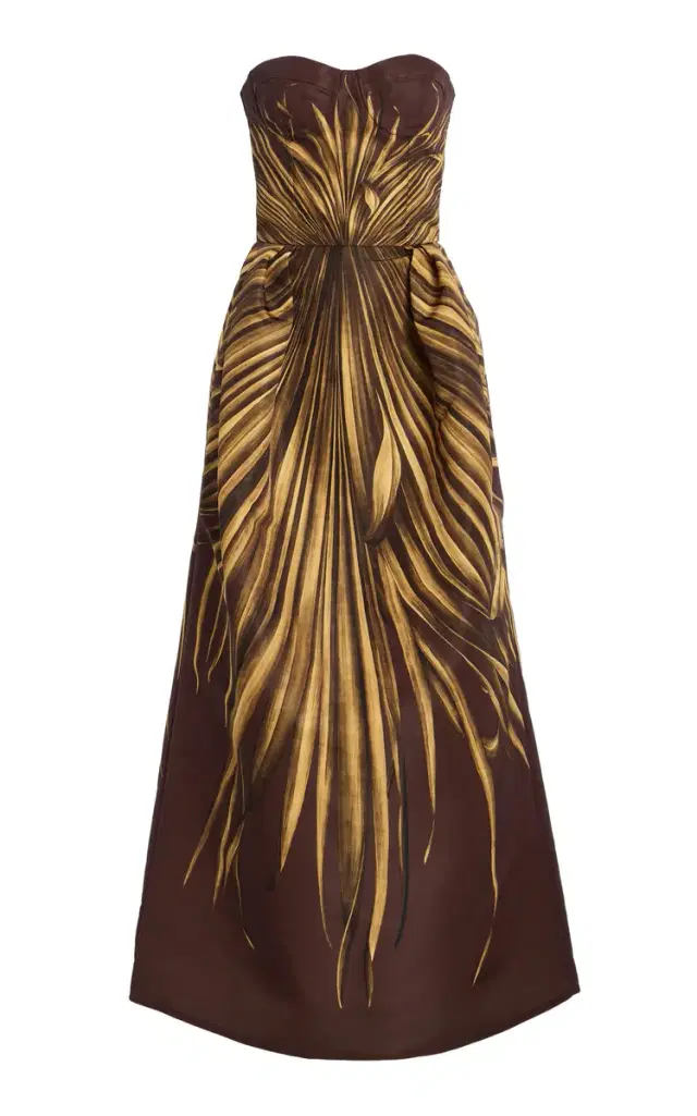 Oscar de la Renta Palm-Printed Faille Maxi Cocktail Dress