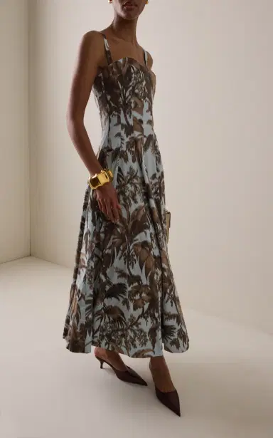 Oscar de la Renta Palm-Printed Stretch Cotton-Poplin Midi Dress | Thumbnail 2
