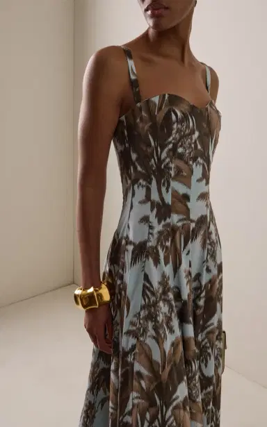 Oscar de la Renta Palm-Printed Stretch Cotton-Poplin Midi Dress | Thumbnail 3