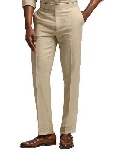 Ralph Lauren Purple Label Men's Gregory Hand-Tailored Silk-Linen Trousers - Champagne | Thumbnail 3