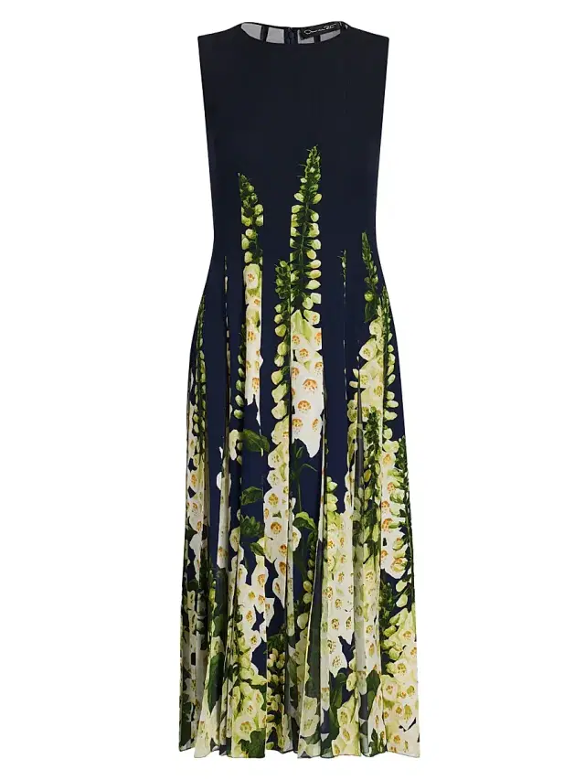 Oscar de la Renta Women's Foxglove-Print Pleated Midi-Dress - Navy