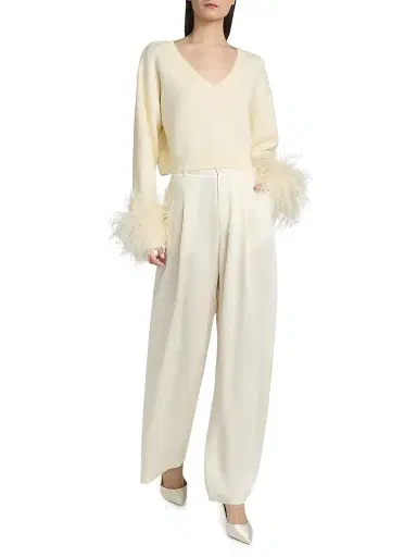 Lapointe Women's Feather-Cuff Merino Wool Crop Sweater - Cream - Size XL | Thumbnail 2