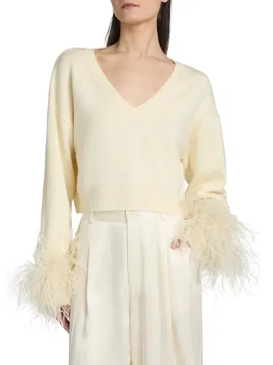 Lapointe Women's Feather-Cuff Merino Wool Crop Sweater - Cream - Size XL | Thumbnail 3