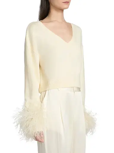 Lapointe Women's Feather-Cuff Merino Wool Crop Sweater - Cream - Size XL | Thumbnail 4