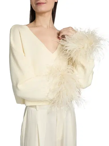 Lapointe Women's Feather-Cuff Merino Wool Crop Sweater - Cream - Size XL | Thumbnail 6
