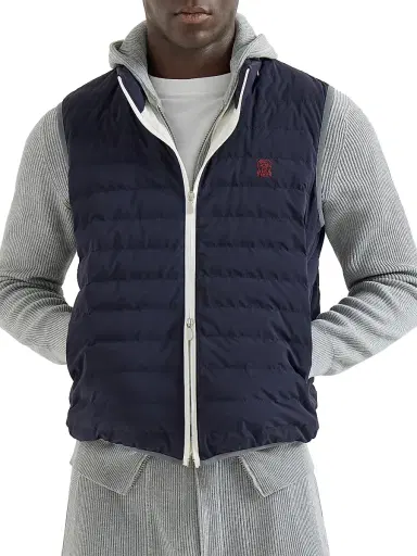 Brunello Cucinelli Men's Bonded Nylon Down Vest with Logo and Packable Hood - Navy Blue - Size XL | Thumbnail 2