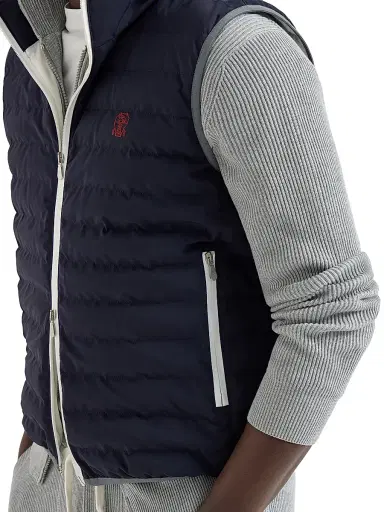 Brunello Cucinelli Men's Bonded Nylon Down Vest with Logo and Packable Hood - Navy Blue - Size XL | Thumbnail 4