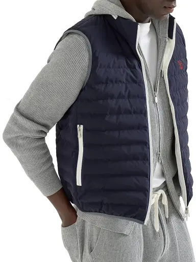 Brunello Cucinelli Men's Bonded Nylon Down Vest with Logo and Packable Hood - Navy Blue - Size XL | Thumbnail 5