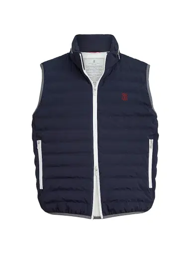 Brunello Cucinelli Men's Bonded Nylon Down Vest with Logo and Packable Hood - Navy Blue - Size XL | Thumbnail 1