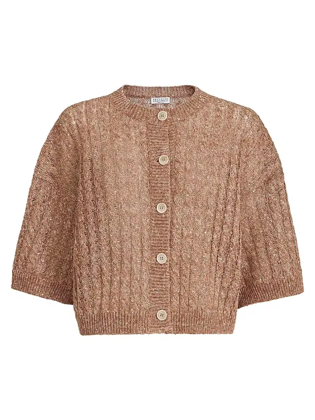 Brunello Cucinelli Women's Linen Dazzling Cable Openwork Cardigan - Brown