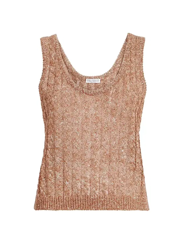 Brunello Cucinelli Women's Linen Dazzling Cable Openwork Knit Top - Brown