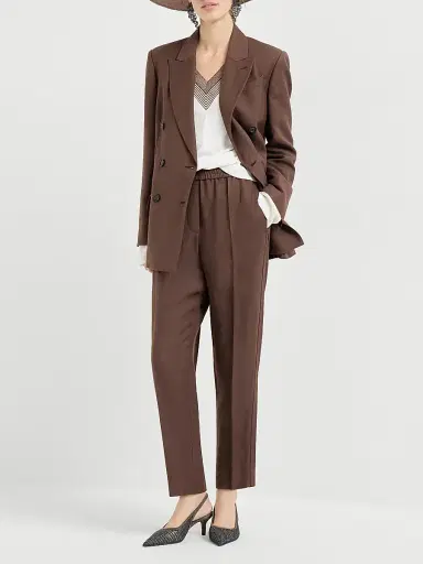 Brunello Cucinelli Women's Viscose and Linen Fluid Twill Baggy Pull on Trousers - Cocoa - Size 00 | Thumbnail 6
