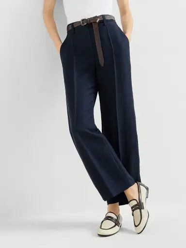 Brunello Cucinelli Women's Viscose and Linen Fluid Twill Cigarette Trousers with Monili - Blue - Size 00 | Thumbnail 5