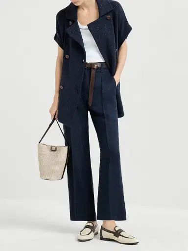 Brunello Cucinelli Women's Viscose and Linen Fluid Twill Cigarette Trousers with Monili - Blue - Size 00 | Thumbnail 6