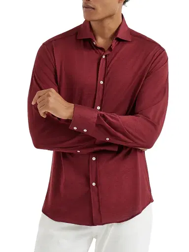 Brunello Cucinelli Men's Silk and Cotton Jersey Shirt with Spread Collar | Thumbnail 2