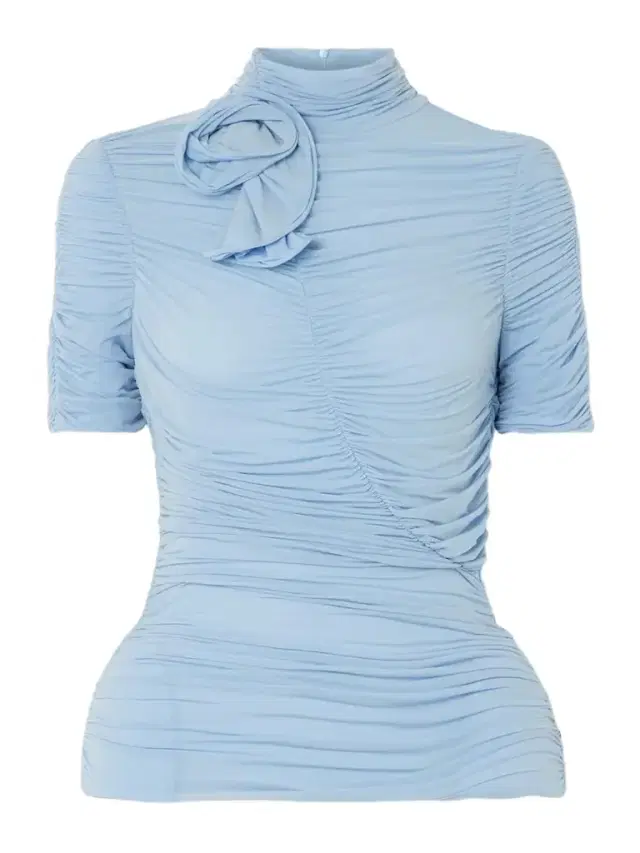 Ruched Appliquéd Stretch-mesh Peplum Turtleneck Top
