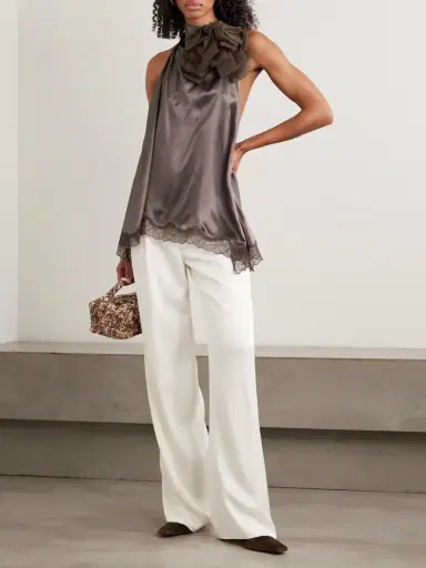 Magda Butrym Appliquéd Scalloped Lace And Chiffon-trimmed Silk-satin Halterneck Blouse | Thumbnail 2