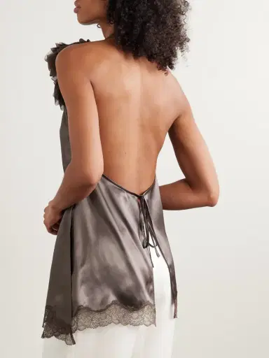 Magda Butrym Appliquéd Scalloped Lace And Chiffon-trimmed Silk-satin Halterneck Blouse | Thumbnail 3