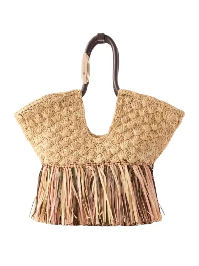 Goldentime Large Embellished Leather-trimmed Fringed Raffia Tote