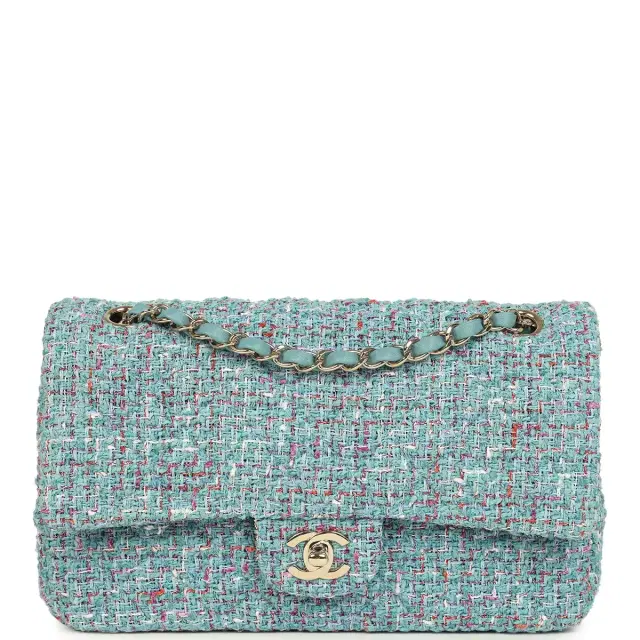 Chanel Chanel Medium Classic Double Flap Bag Blue Multi Tweed Light Gold Hardware